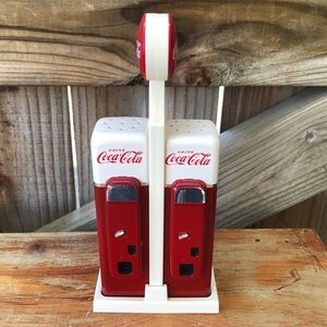 Vintage 1993 Coca Cola Vending Machine Style Salt Pepper Shakers in Caddy